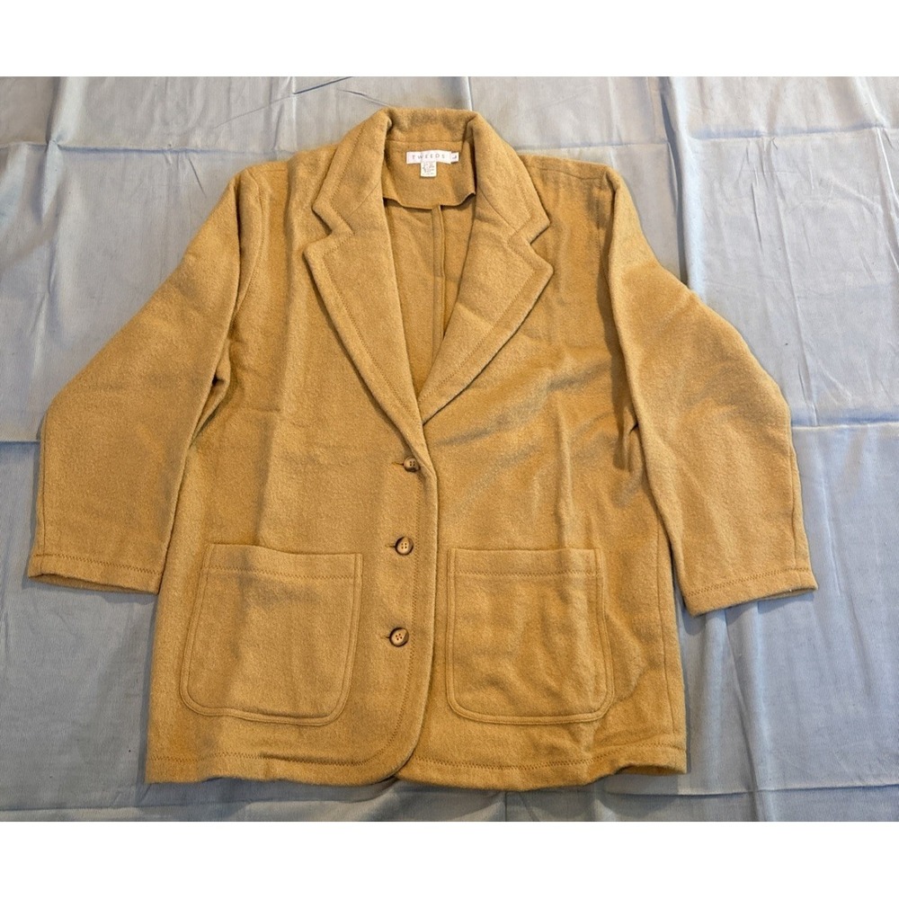 Tweeds Wool Blend Blazer Jacket Camel Tan 3 Button Patch Pockets Portugal Sz L